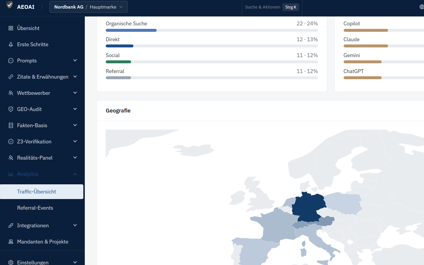 AEOAI Analytics: Weltkarte mit KI-Traffic nach Land