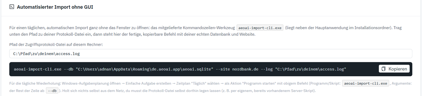 AEOAI: Karte Automatisierter Import ohne GUI mit fertigem, kopierbarem aeoai-import-cli-Befehl