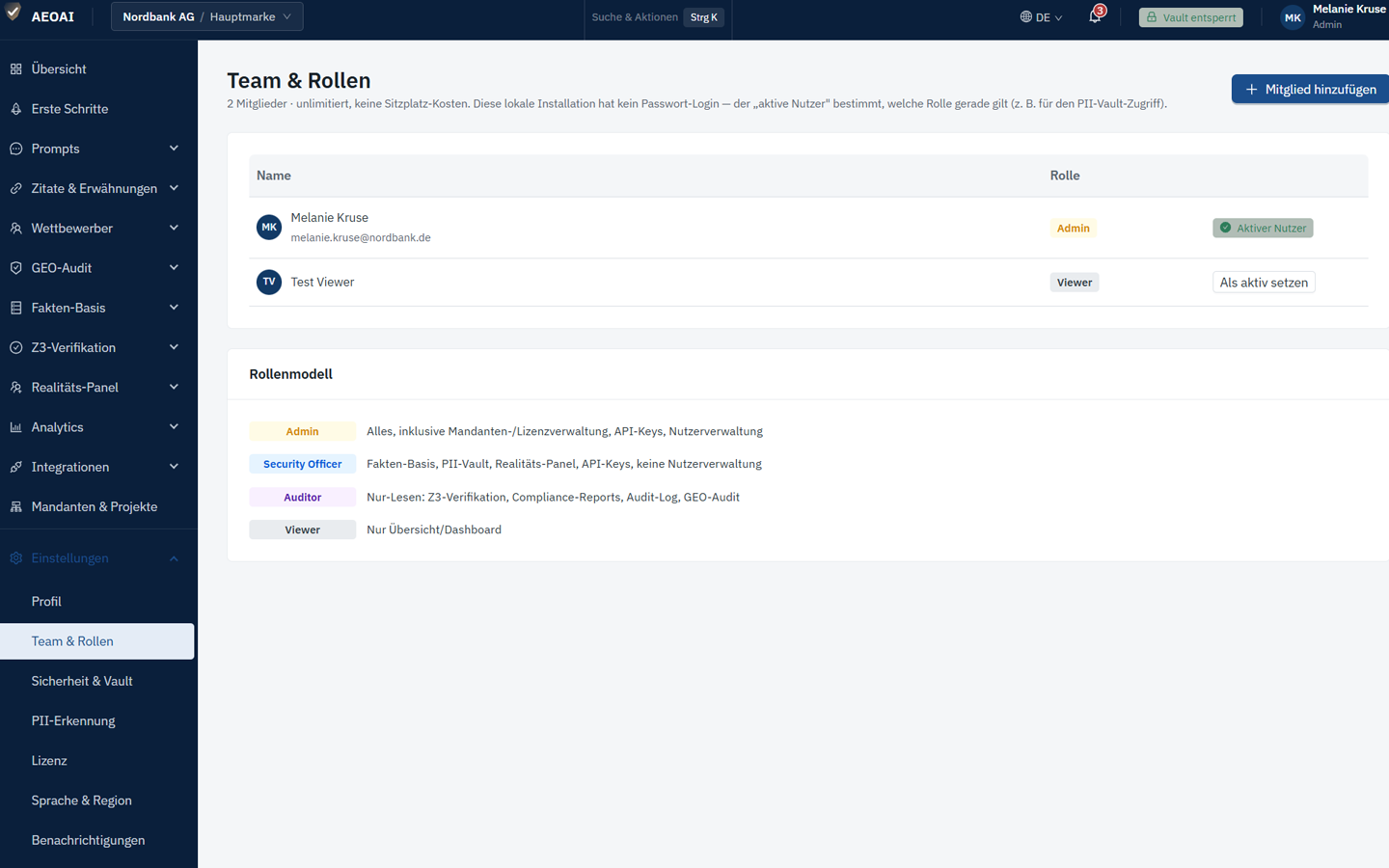 AEOAI Einstellungen: Nutzerliste mit den vier Rollen Admin, Security Officer, Auditor, Viewer